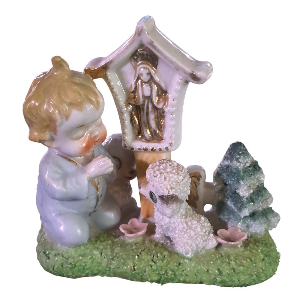 Vintage Napco Woodland Angel Praying Boy & Sugar Sheep Figurine